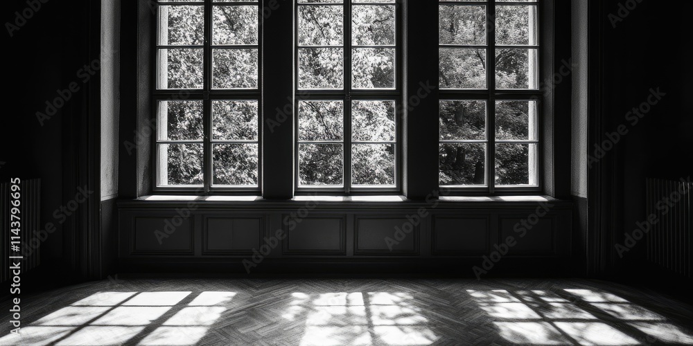 Poster black and white window image showcasing a striking contrast between light and dark elements, highlig