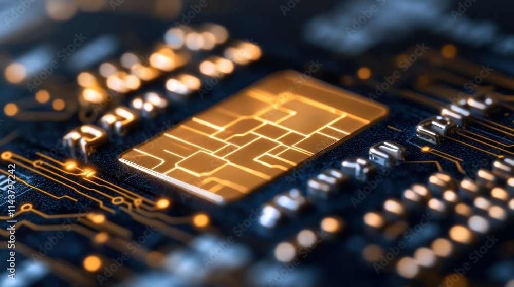 Poster close-up of a microchip showcasing intricate circuitry.