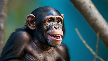 A Cheerful Young Chimpanzee Close-Up Portrait in its Natural Habitat