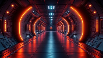 Futuristic spaceship corridor with glowing orange and blue neon lights.