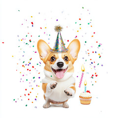 Happy corgi celebrating with party hat, surrounded by colorful confetti, cupcake, and candles, radiating joy and festivity