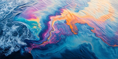 Aerial view of oil spreading on the sea surface, showcasing a stunning abstract painting effect created by the vibrant, rainbow colored oil spill pattern detail in the water.