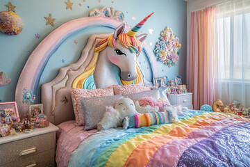 A girl's room with a rainbow unicorn theme, featuring a bed with a unicorn-shaped headboard, rainbow colors, and glittery decor. Magical and whimsical