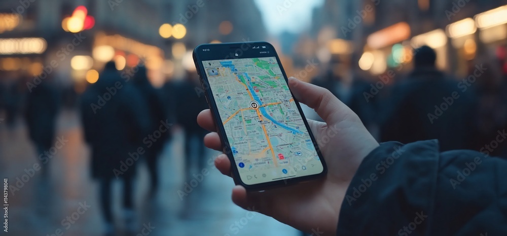 Poster a hand holds a smartphone displaying a map in a busy urban environment.