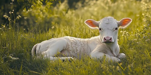Naklejka premium Portrait of a white calf resting peacefully in a lush green pasture, capturing the serene beauty of nature and the innocence of the white calf amidst the vibrant landscape.