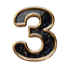 Gold-framed Black Marble Number Three, Isolated on White Background