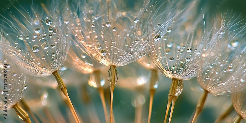 Poster dandelion seeds glistening with water droplets create a captivating display. the delicate dandelion 
