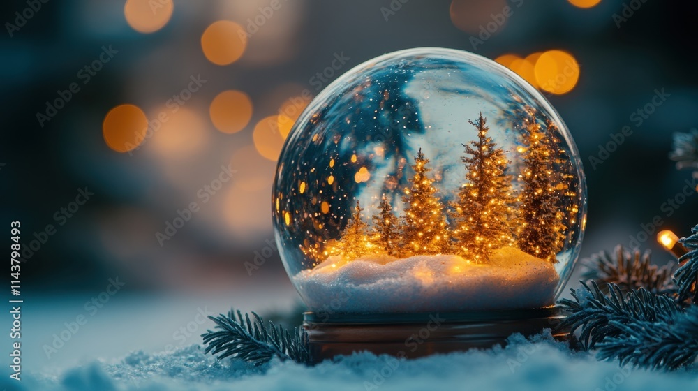 Poster winter magic created within a shimmering snow globe filled with twinkling lights and evergreen trees