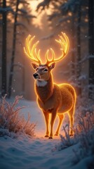 Majestic Golden Deer in Misty Winter Forest at Dusk
