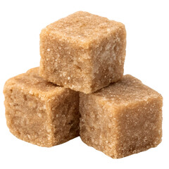 A stack of three brown sugar cubes isolated on a transparent background