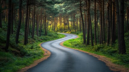 Fototapeta premium Winding road through a serene forest in golden light during the late afternoon