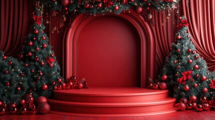 Elegant red holiday stage with lush trees and festive decorations inviting joyful celebrations