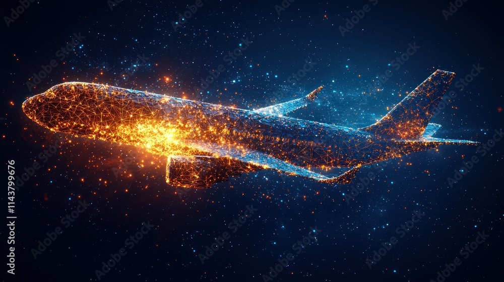 Poster digital representation of an airplane in a cosmic setting.