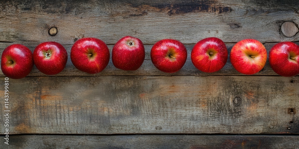 Poster red apples artfully arranged on a rustic wooden background create a visually appealing composition. 