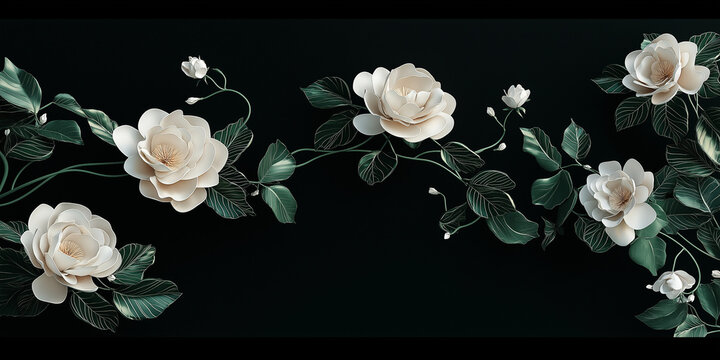 Elegante 3D-Blumenillustration mit fein gearbeiteten, schwebenden Bl&uuml;ten auf schwarzem Hintergrund, zarte florale Strukturen mit Tiefenwirkung