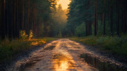 Obraz premium Charming forest pathway reflecting golden light under a serene sunset in nature\'s embrace