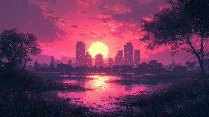 Fototapeta premium Vibrant sunset over a city skyline and reflective water.