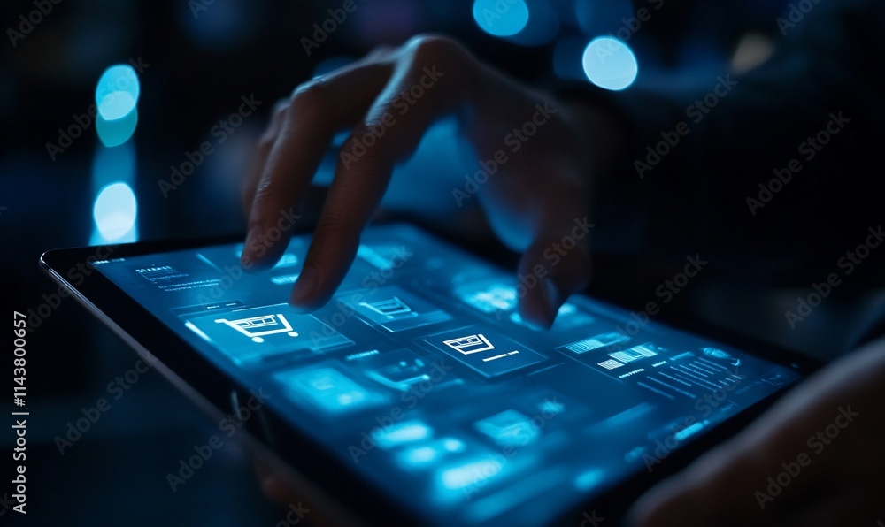 Poster a hand interacting with a futuristic tablet displaying digital interfaces.