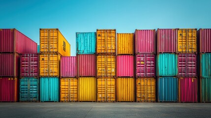 Fototapeta premium Colorful shipping containers stacked against a clear blue sky in a bustling port, symbolizing global trade and logistics