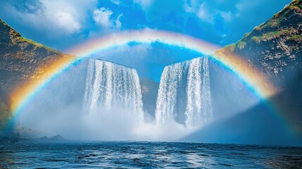 Fototapeta premium Breathtaking double rainbow over majestic waterfall in nature scenic viewpoint inspirational landscape