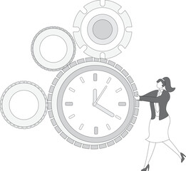 Let time work, time management, the businesswoman pushes the clock into the rotating gear.