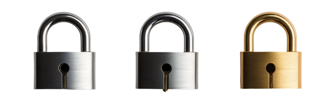 Three Padlocks, Silver, Gold, Keyhole, Security, Protection, Metal, Closed, Isolated, White Background, Safety, Privacy,  Robust, Durable,  Reliable, Secure,  Strong,  Unbreakable,
