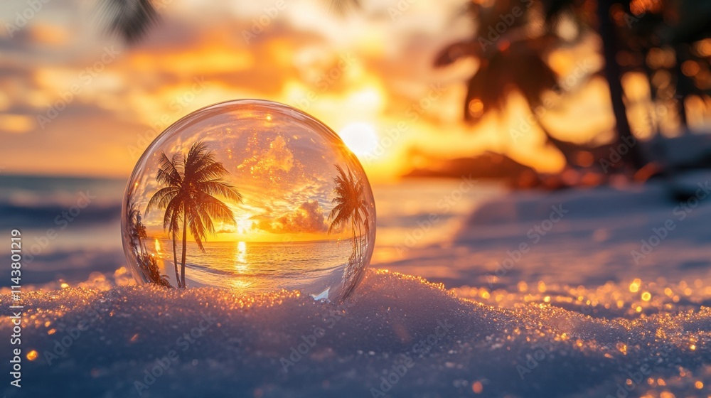 Poster sunset reflections on an inviting beach with palm trees captured within a crystal ball