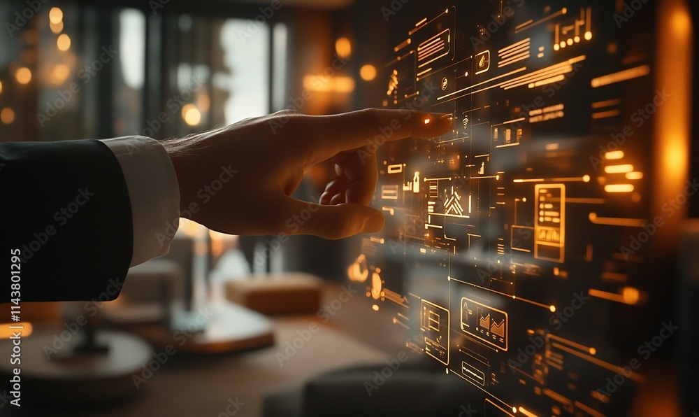 Aufkleber a hand interacts with a digital interface displaying data and analytics.