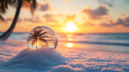 Capturing a tropical sunset through a crystal ball on a serene beach with palm trees swaying gently