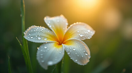 Fototapeta premium Flower with water droplets at sunset