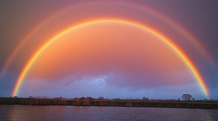 Vibrant double rainbow over tranquil water landscape nature serene environment captivating view