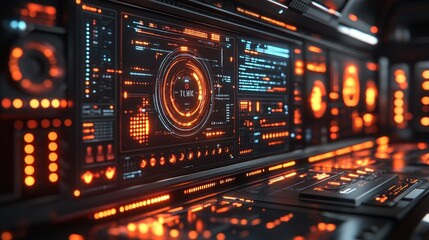 Fototapeta premium Futuristic control panel with glowing interfaces and data.