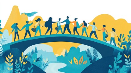 A flat vector of a diverse group of people breaking barriers and building bridges.
