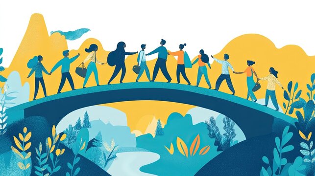 A flat vector of a diverse group of people breaking barriers and building bridges.