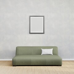 Home interior mock up poster on a white concrete wall, sofa and decor in Living room, blank picture frame, 3d render, 3d illustration