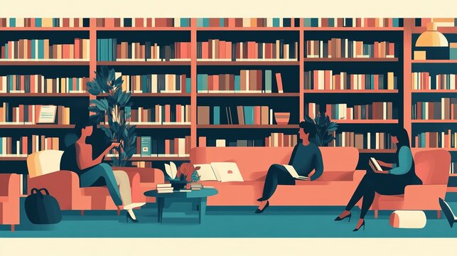 A flat vector of a library hosting an event focused on diverse voices and stories from various cultures.