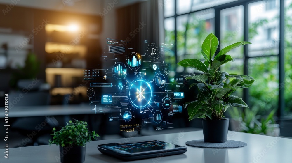 Poster Innovative financial dashboard showcasing renewable energy insights in modern workspace with futuristic technology