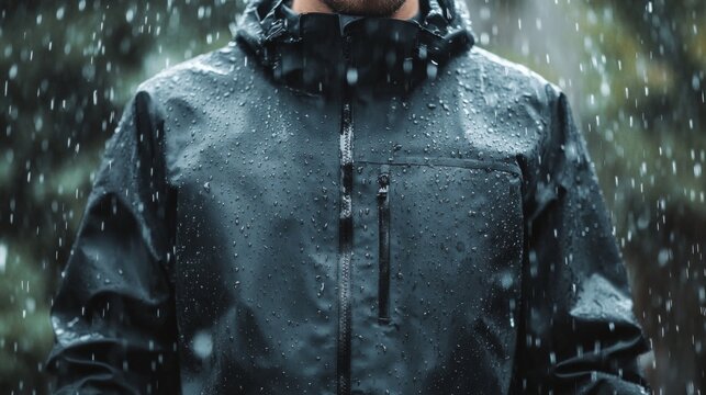 Close-up of a waterproof jacket in the rain.