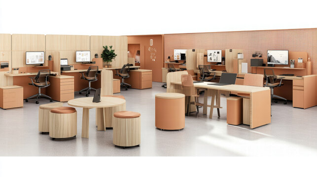 Modern office interior featuring versatile hot desking area with diverse seating options, warm wood tones, and collaborative atmosphere. Ideal for productivity and creativity