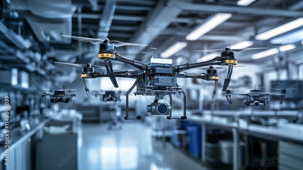 Poster Autonomous drone development lab futuristic location technology showcase modern environment high-tech viewpoint