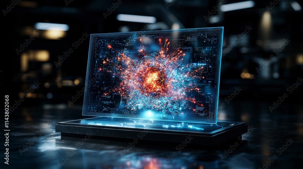 Poster dynamic holographic display showcasing energy patterns modern lab digital art indoor close-up innova