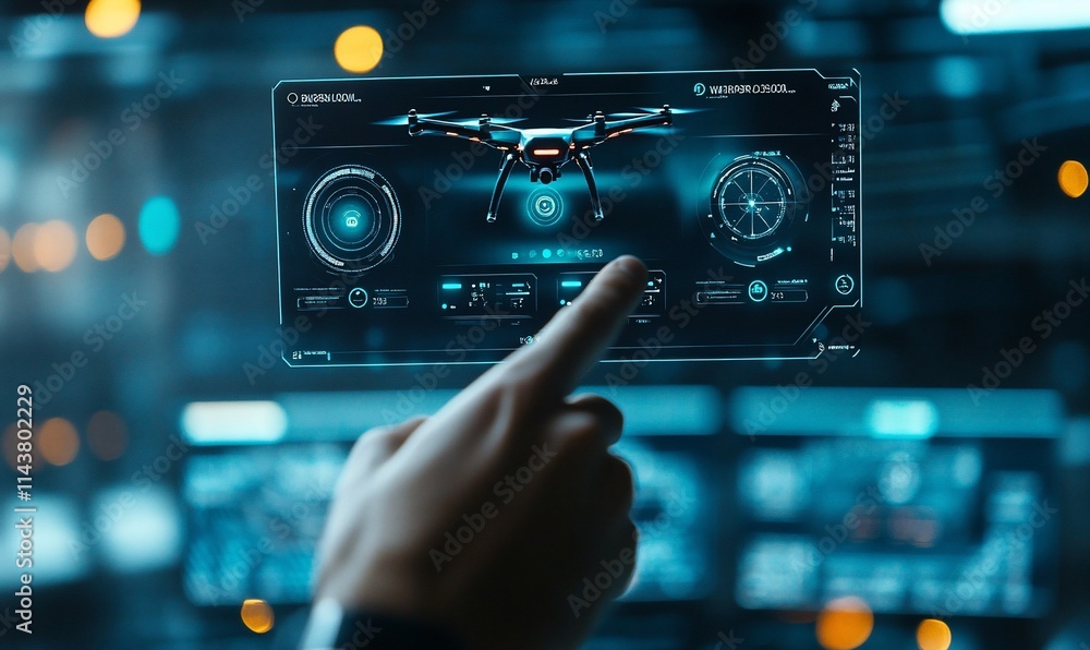 Poster a hand interacts with a holographic interface displaying a drone's controls.