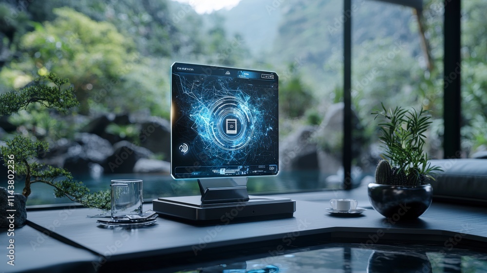 Poster holographic screen showcasing mobile payment solutions in a modern workspace with serene nature and 