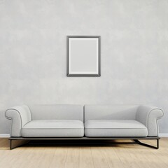 Home interior mock up poster on a white concrete wall, sofa and decor in Living room, blank picture frame, 3d render, 3d illustration