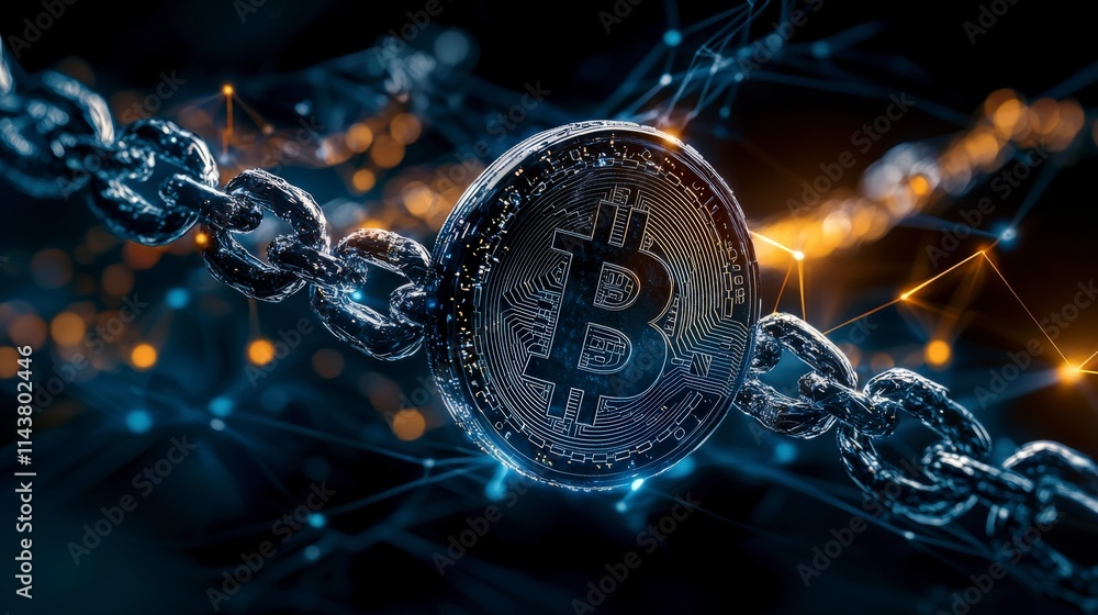 Poster Futuristic blockchain network visualization digital space graphic art dark environment close-up view technology concept