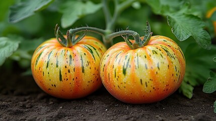 Two ripe striped tomatoes on a vine in a garden.