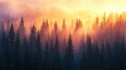 Vibrant sunrise illuminating forest landscape tranquil nature scene majestic pines early morning atmosphere