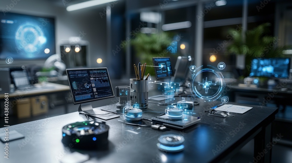 Poster Futuristic iot-enabled workspace with glowing sensors modern office digital innovation tech-driven environment immersive view