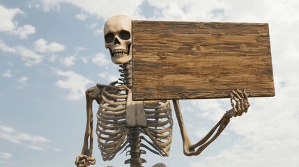 Front view of surreal skeletal figure holding sign in open field