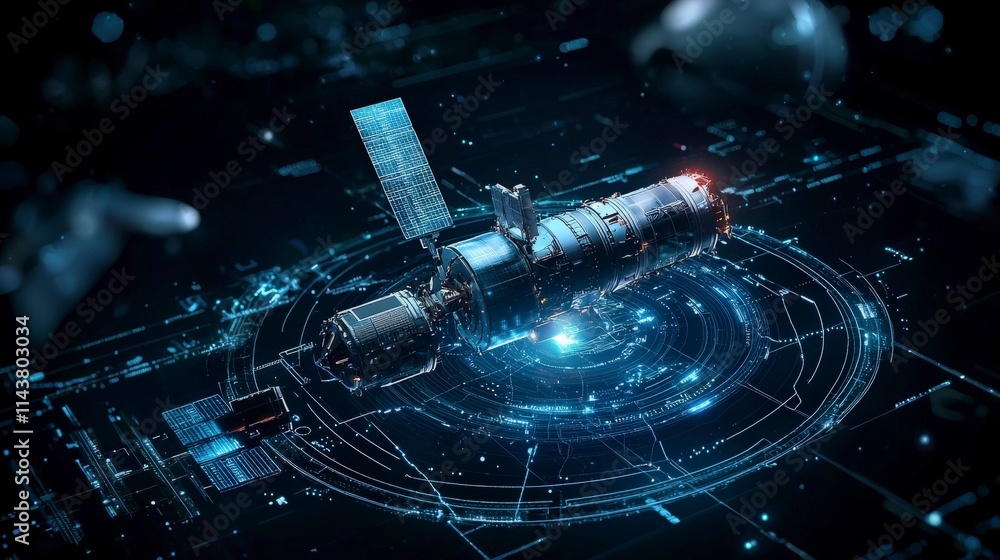 Poster Satellite data monitoring system space digital interface high-tech environment futuristic viewpoint advanced concept
